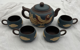 Chinese Yixing Zisha Clay Teapot Dragon &amp; Phoenix Decoration w/ 4 Cups - £106.25 GBP