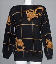 VTG JH Collectibles Metallic Gold Yarn Embroidered Roses Black Wool Sweater Wm M - £31.16 GBP