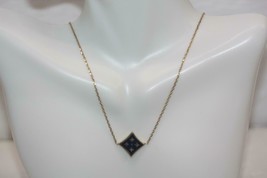 18K Yellow Gold Diamond Shape Quatrefoil Design Navy White Enamel Necklace 16&quot; - £356.85 GBP