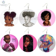 SOMESOOR Pink Curly Girl Fight Wooden Drop Earrings Afro Natural Hair Black Art  - £19.16 GBP