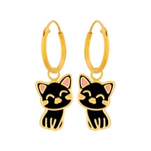 Gold Plated 925 Silver Hoop Earrings with Black Cat Epoxy - £13.44 GBP