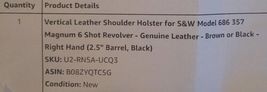 Fits S&W Mod. 686 Magnum 357 6 Shot Revolver 2.5”BBL Leather Shoulder Holster RH image 2