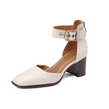 French Style One Strap Ladies Retro Shoes Cowhide Woman Spring Buckle Pumps Thic - £97.18 GBP