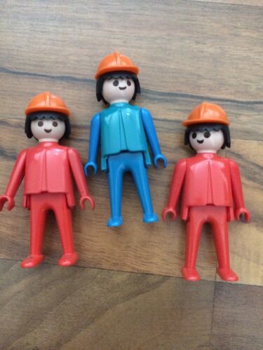 Lot Of 1974 Playmobil Construction Workers with Hard Hats Two Blue one Red - $24.73