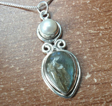 Labradorite and Cultured Pearl 925 Sterling Silver Pendant a200c - £11.46 GBP