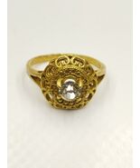 Vintage Gold-Tone Filigree Ring With Clear Round Stone – Size 7 – Antiqu... - $70.07 CAD
