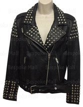 New Woman Black Golden Spiked Studded Brando Style Motorbike Leather Jacket-140 - £235.98 GBP