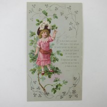 Victorian Greeting Card Four Leaf Clover Girl Pink Dress Feather Hat Ant... - $5.99