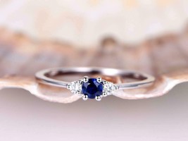 1.00 Ct Round Cut Simulated Blue Sapphire Three-Stone Ring 14K White Gold Over - £15.82 GBP