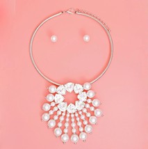 Clear Crystal Pearl Sunburst Shaped Slide Pendant Collar Silver Necklace Set - £61.35 GBP