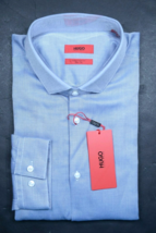 HUGO BOSS Uomo Erondo Due Strato Extra Slim Fit Cotone Blu Camicia 38 15 - £48.81 GBP