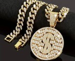 Mens Hip Hop Iced CZ 14K Gold Plated Dollar Sign $ Pendant 14mm 20&quot; Cuba... - £19.77 GBP