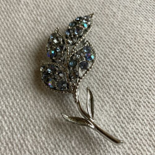 Vintage Coro Silver Tone Light And Dark Blue Rhinestone Floral Spray Bro... - $24.70