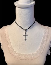 Black Beaded Choker Necklace With Silver Cross Pendant Charm Vintage Gothic New - $14.79