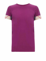 new BURBERRY Women&#39;s Short Sleeve Check Cuff Stretch Cotton Tee in Magenta Pink - £90.07 GBP