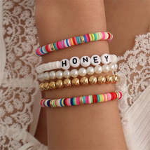 Pearl &amp; Colored Polymer Clay 18K Gold-Plated &#39;Honey&#39; Stretch Bracelet Set - £12.17 GBP