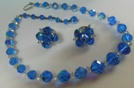 Vintage Designer Signed JONNE Blue &amp; Clear Faceted Crystal Necklace &amp; Ea... - $94.05
