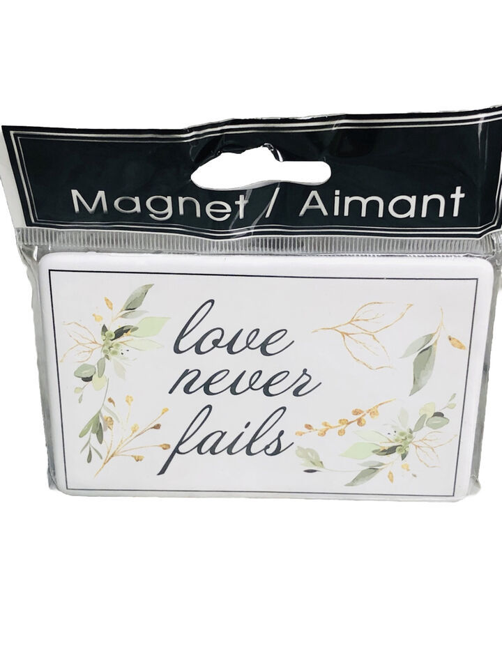 Greenbrier Refrigerator Rectangular Ceramic Magnet-“Love Never Fails” 4x2 1/2”
