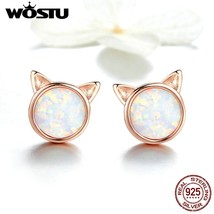 WOSTU 100% 925 Silver Cute Cat Earrings Rose Gold Opal Stone Tiny Stud Earrings  - £16.03 GBP