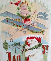 New Years Postcard Polar Bear Baby Flying Airplane Vintage Series 576 J Herman - £10.03 GBP
