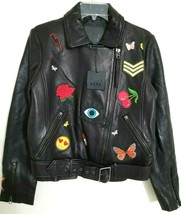 Belle Vere Black Leather Moto Jacket Belted Embellished Applique Size Mnwt! - £225.18 GBP