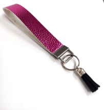 Wristlet Key Fob Keychain Faux Leather Hot Pink Fuchsia Shiny Black Tass... - £7.25 GBP