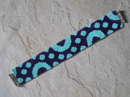 Bracelet: Geometric Motif, Purple &amp; Turquoise, Peyote Stitch, Tube Clasp - $39.00