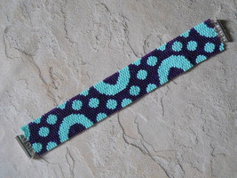 Bracelet: Geometric Motif, Purple &amp; Turquoise, Peyote Stitch, Tube Clasp - £31.17 GBP