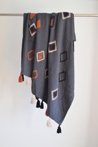 Cozy Grey Cotton Throw Blanket with Orange Tassels - Soft &amp; Warm, 165cm x 140cm - £37.44 GBP
