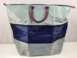 Expandable Tote - Gray/Blue Nylon, Leather Handles ~ 17&quot; x 14&quot;/21&quot; ~ #140325-05 - £11.74 GBP