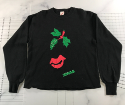 Vintage Christmas Crew Neck Sweatshirt Womens Large Black Graphic Mistletoe Lips - £14.54 GBP