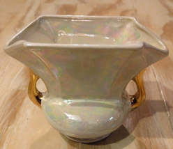 Vintage Pioneer Pottery Pearl Iridescent Vase 22k Gold Handles USA 4.5&quot; - $24.83