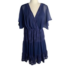 Torrid Lace Inset Chiffon Dress XL Blue Short Sleeves V Neck Elastic Waist - £44.57 GBP