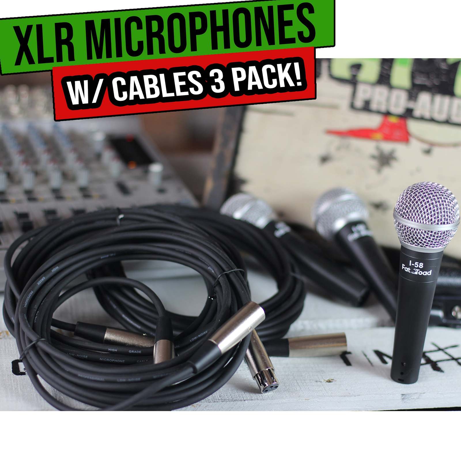 Dynamic Vocal Microphones with XLR Mic Cables & Clips (3 Pack) by FAT TOAD | Car