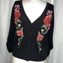 INC International Concepts Women&#39;s Cardigan Sweater Black w/ Roses Size Med - £20.44 GBP