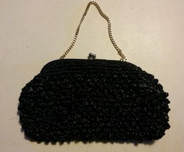 015 Vintage Made in Japan Black Knot Woven Purse HAndbag Clutch Metal Chain - £10.35 GBP