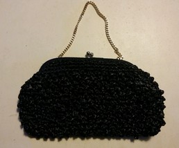 015 Vintage Made in Japan Black Knot Woven Purse HAndbag Clutch Metal Chain - $12.99