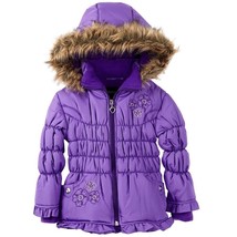 ROTHSCHILD Purple Faux Fur Ruffle Hooded Ruched Puffer Embroidered Jacket 2T - £15.79 GBP