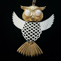 Vintage Hinged Owl Necklace Gold/White 24&quot; 1970s - £13.36 GBP