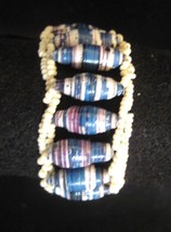 Recycled Paper Bead Cuff Stretch Bracelet Dark Blue Mix with Off White Accents - £6.73 GBP