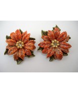Poinsettia Flower Vintage Earrings Clip-On Red Floral Green Leaves Retro - $29.00