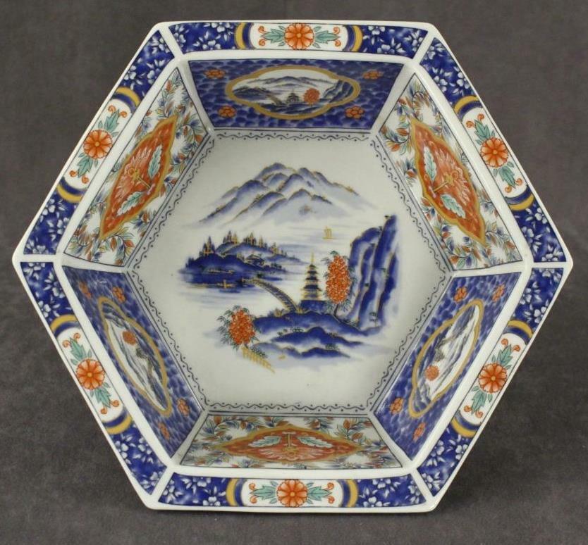 Primary image for Vintage China IMARI Cobalt Blue Orange Floral Gold Accent Hexagon Serving Bowl