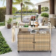 Outdoor Wicker Bar Cart: Ice Bucket, Cabinet, Steel Top, Wheels, Beige - $267.99