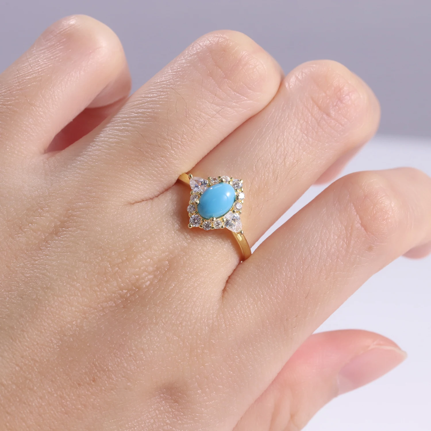 Real 925 Sterling Silver Victoria Halo Blue Turquoise Rings Trendy 14K Gold Fill - $50.66