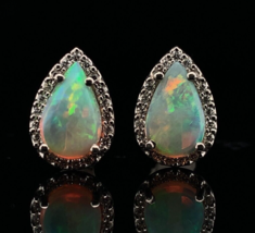 Platinum Genuine Natural Opal and Diamond Stud Earrings (#J6104) - £763.41 GBP