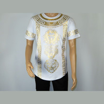 Mens PLATINI Sports Shirt With Rhine Stones Lion Medallion Chain SS3614 White image 2
