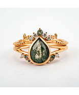 Vintage Anniversary Pear Shape Moss Agate Natural Design Ring Set Rose G... - $500.00+