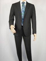 Men Suit BERLUSCONI Italian Wool 180's Pin Stripe One Button Peak UGS95-4 Black image 5