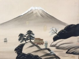 Vtg Japanese Mount Fuji Island Pagoda View Signed Framed Art Painting On Silk - £99.91 GBP