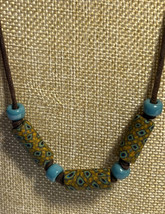 Jewelry Necklace Brown Nylon Cord Peacock Type Print on Barrels Blue Beads - $5.90